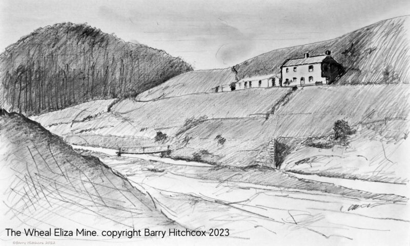 The Wheal Eliza Mine, Exmoor. Drawing copyright Barry Hitchcox 2023.